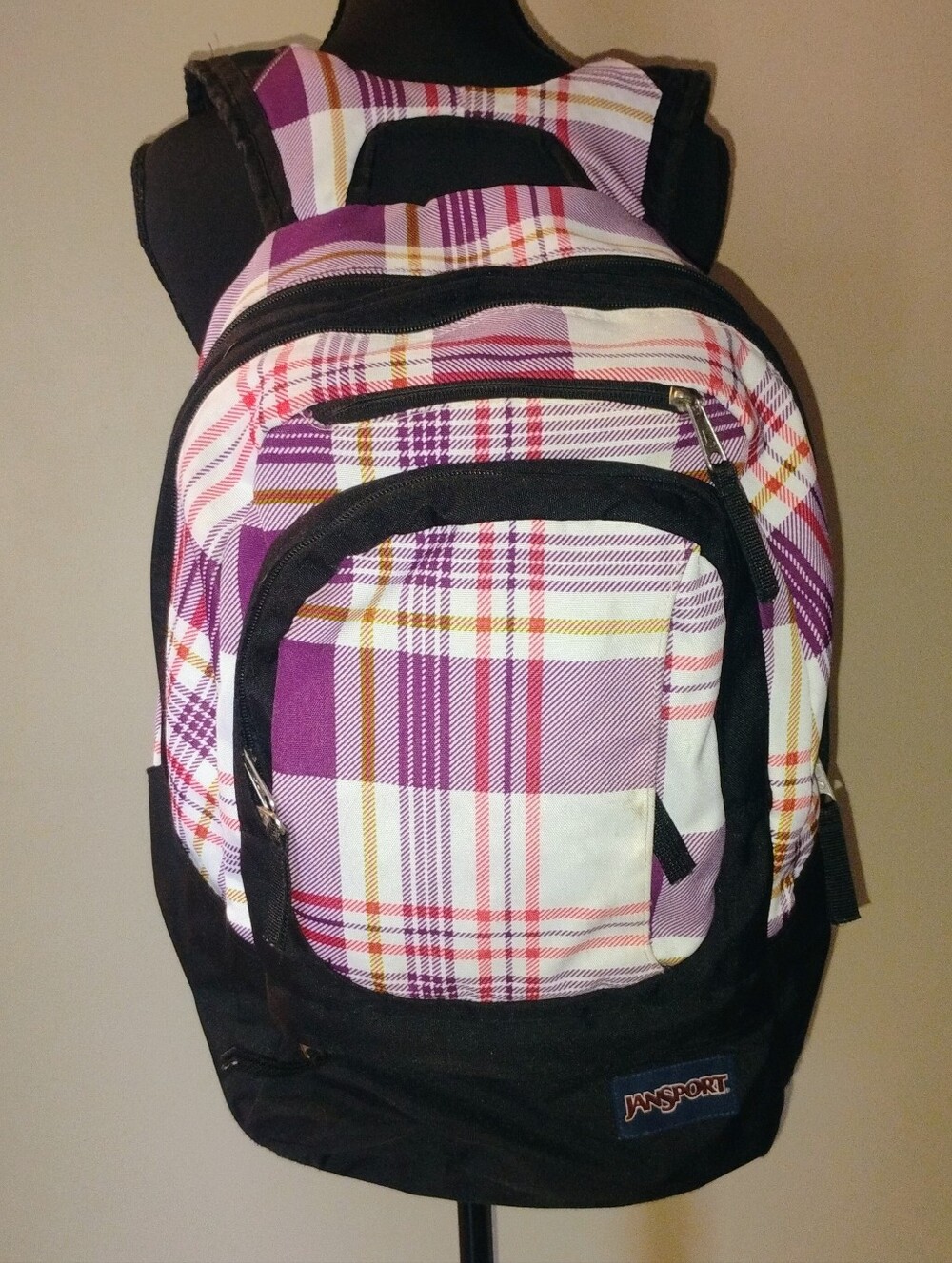 Jansport Purple Plaid Backpack with Black Accents